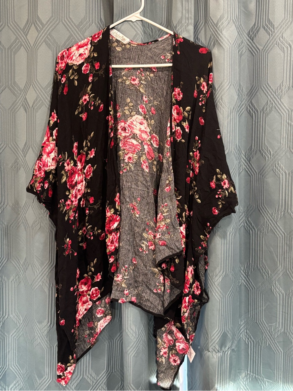 Latched Mama Black Floral Kimono Cardigan with Pink Rose Print